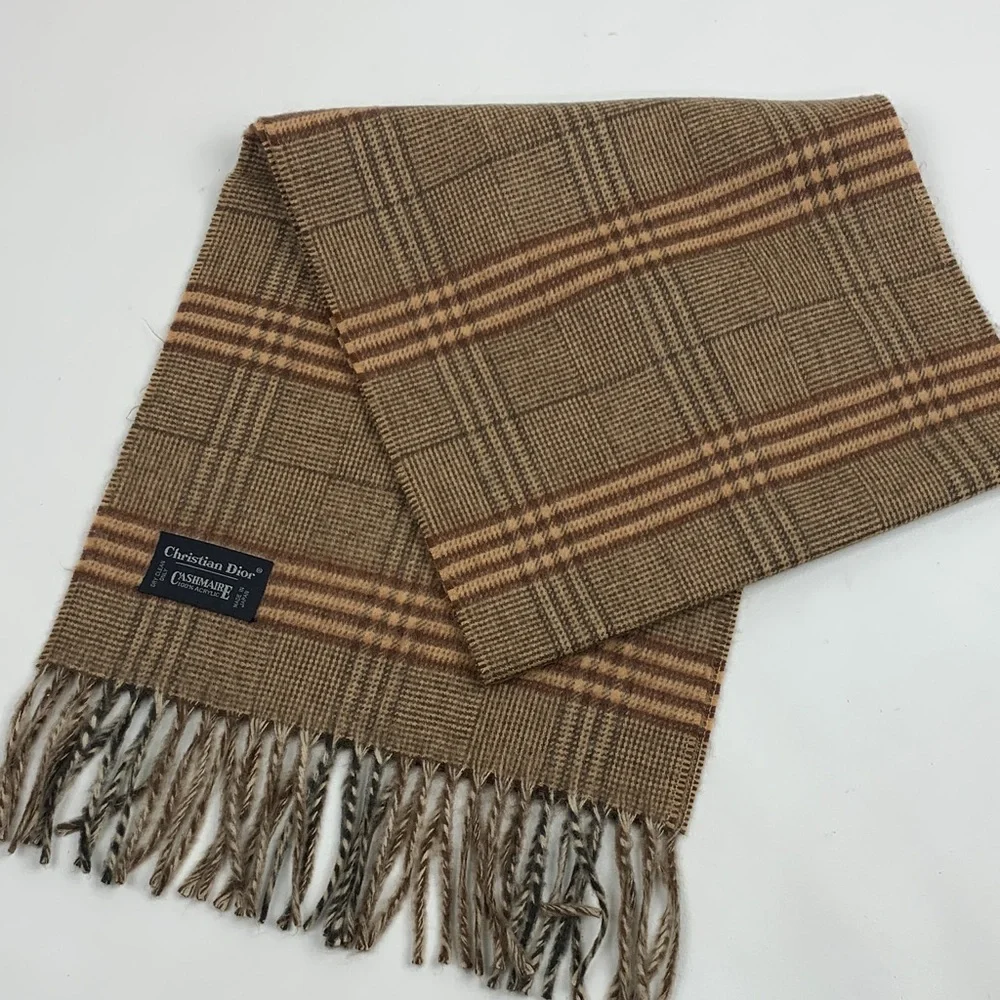Vintage Christian Dior Tan and Brown plaid stripe Scarf Cashmaire Acrylic Japan